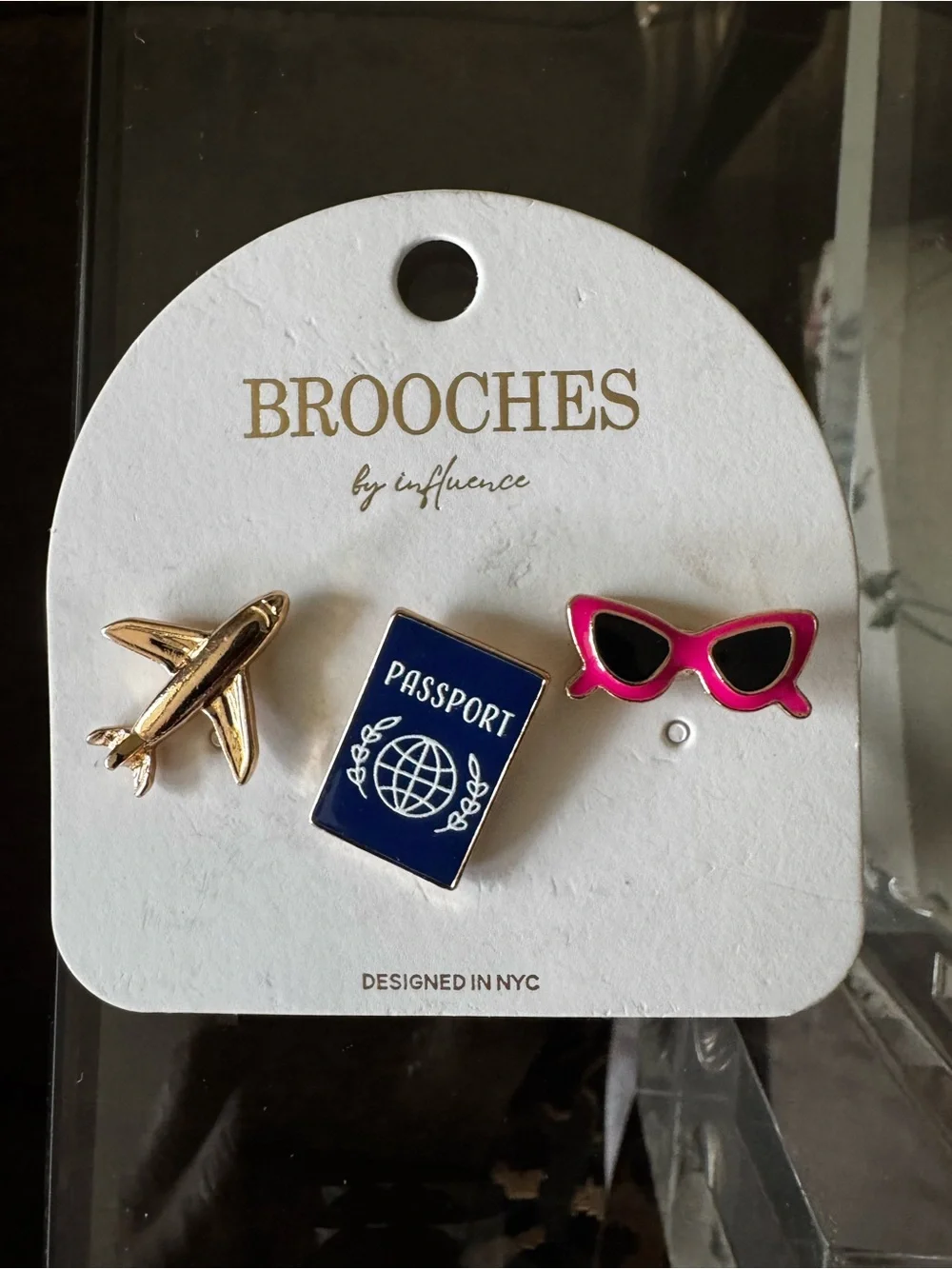 Airplane Passport Book Sunglass Brooch Pin Set of 3